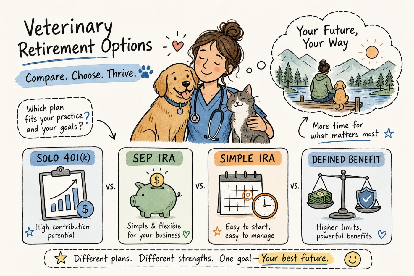 Retirement plans for veterinarians compared: Solo 401(k), SEP IRA, SIMPLE, and defined benefit options